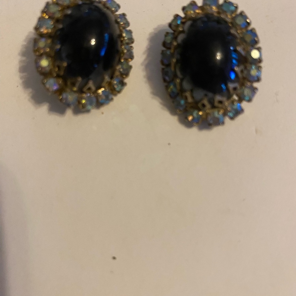 Source Unknown Gold-Tone Blue  Cabochon Halo Earrings with Iridescent Stones